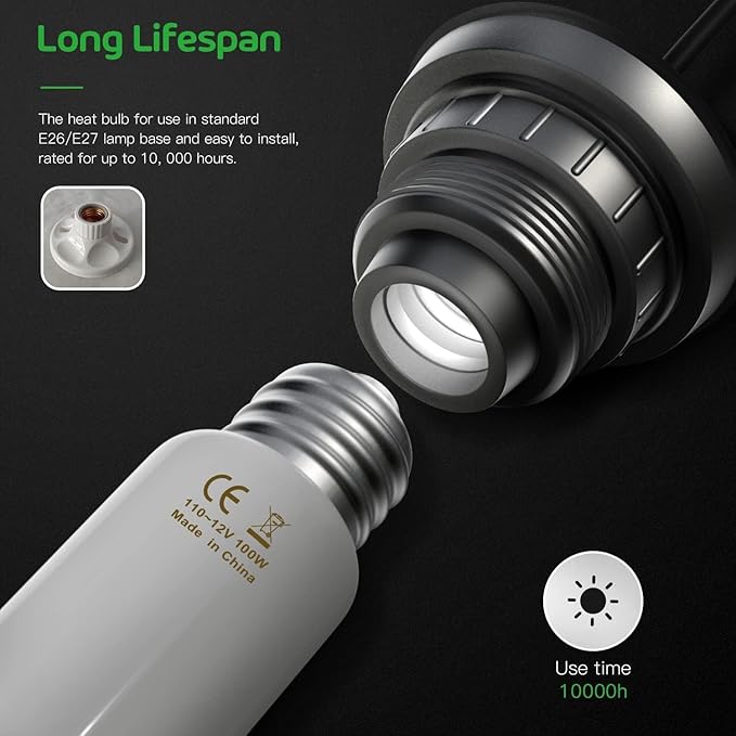 Simple Deluxe 100W Ceramic Heat Emitter Reptile Heat Lamp Bulb No Light Emitting Brooder Coop Heater for Amphibian Pet & Incubating Chicken, White, 2-Pack