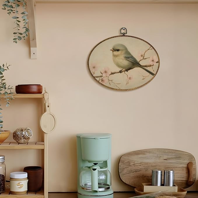 LKETW Vintage Bird Oval Wall Art Decor, Rustic Farmhouse Oval Canvas Hanging Decor, Cottagecore Country Floral Bird Wall Decorations for Home Bedroom Living Room, 8.6x11.4 Inch
