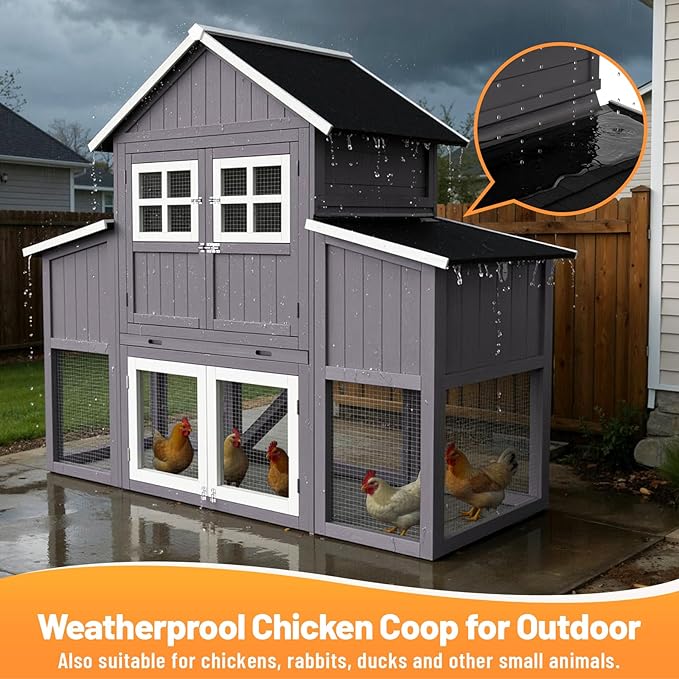69.5''L Chicken Coop, Extra Large Poultry Cage for 6-10 Chickens, Outdoor Hen House Design with 2 Nesting Box, Weatherproof Roof and Leakproof Pull-on Tray, Easy to Install＆Clean(Gray)
