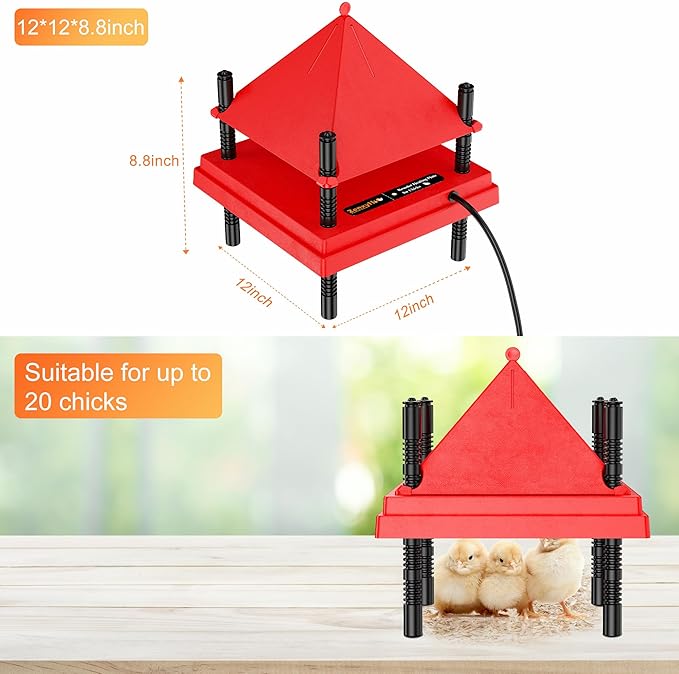Brooder Plate for Chicks with Anti-Roost Cone, Chick Brooder Heater Red 12" x 12" with Constant Temperature