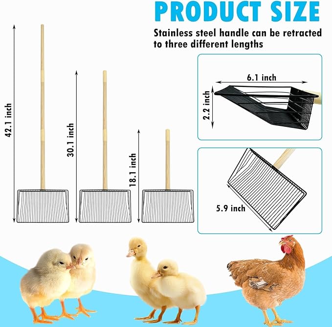 PINVNBY Chicken Poop Scooper 3 in 1 Stainless Steel Litter Scooper with Adjustable Handle (18.1" to 42.1") Sand Sifting Shovel for Chicken Poop & Pet Waste Cleaning