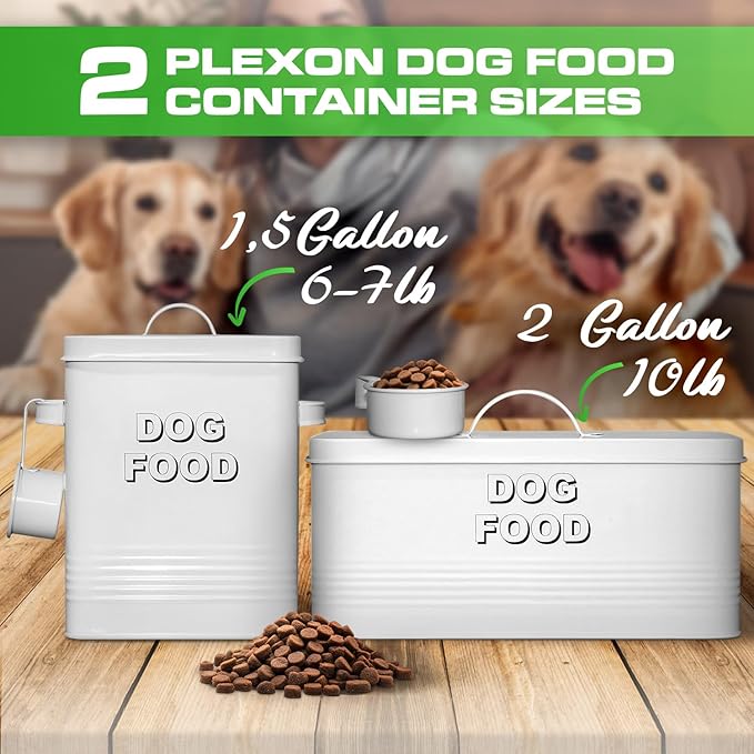 Plexon Metal Dog Food Storage Container with Scoop - Small Dog Food Container 10lbs Holder Treat Jar Bin with Lid - Pet Chow Storage Canister Tin, 2 Gallon, White