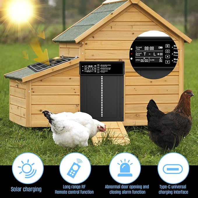 Automatic Chicken Coop Door Solar Powered, Third-Generation Upgraded, Aluminum Alloy | Light Sensor & Timer | Anti-Pinch | LCD Dsipiay | Remote Control | Low Battery Reminder | Alarm Mode