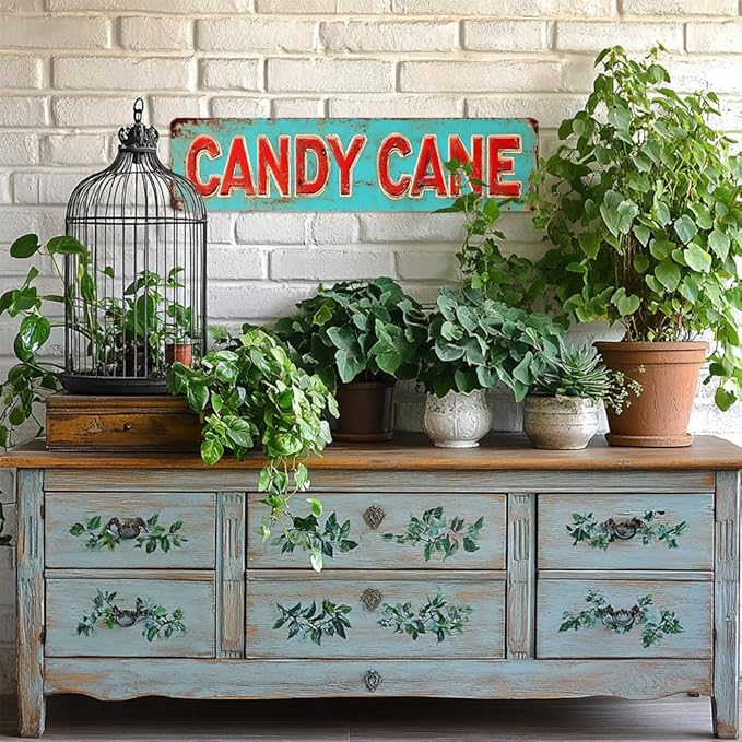 Vintage Style Christmas Street Decor 'Candy Cane' Metal Sign, 16x4 Inch - Distressed Finish Decorative Sign For Home, Porch, Garden, Garage, Cafe Wall/Gate Hanging Plaque, Christmas Decor