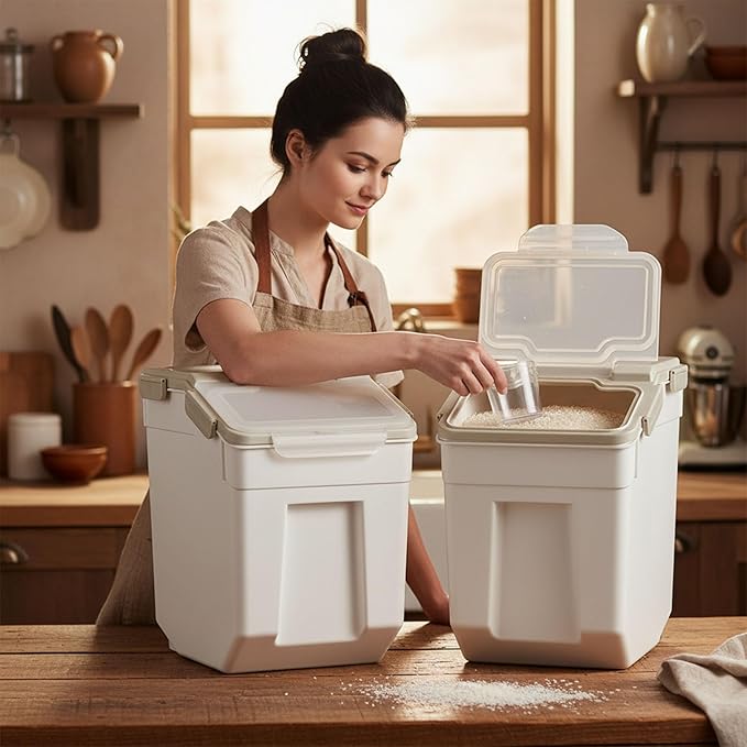 PENCK Rice Storage Container 25 lbs Large Household Flour Sugar Containers Airtight Grain Cereal Dispenser with Wheels, Locking Lid & Measuring Cup for Kitchen Pantry Organization, 2 Pack(Grey)