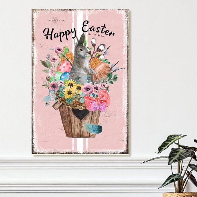 Wood Wall Decor Sign Happy Easter Flower Basket Bunny Sign French Style Floral Pink Stripes Wood Wall Art Signs Farmhouse Spring Decor Easter Wall Art Sign for Bedroom 12x18in