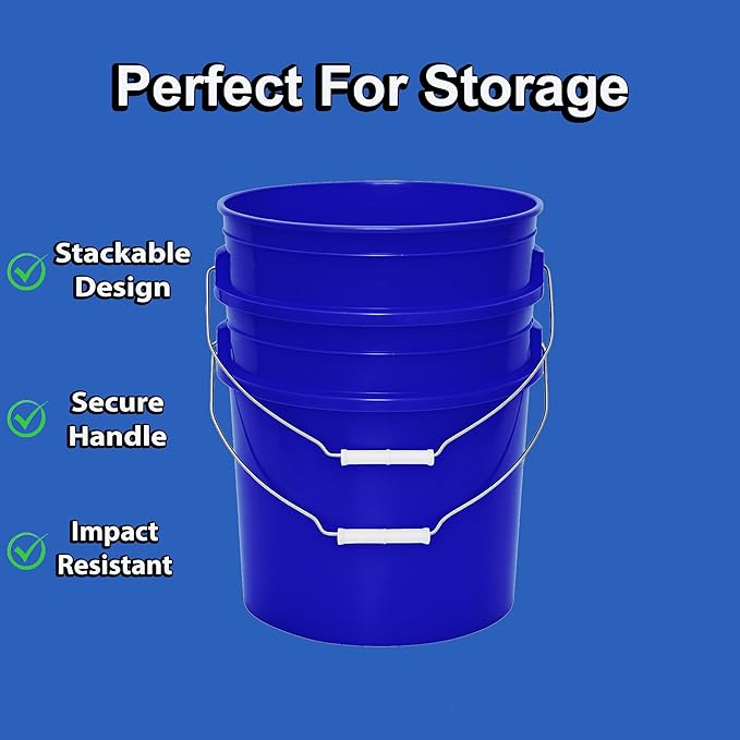 5-Gallon Bucket with Airtight Lid – Made in USA, Food Grade BPA Free Plastic, Heavy Duty Multi-Use, Metal Handle with Grip, Stackable Storage – Fina Blue, 3 Pack