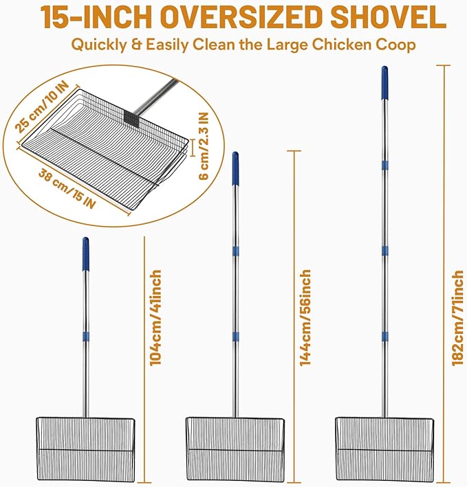 15 Inch Large Chicken Poop Scooper,4 in 1 Adjustable Chicken Coop Scoop, (25 to 71 inch) Adjustable Stainless Steel Handle Chicken coop Rake and Pair of Non-Slip Gloves, Chicken Coop Accessories