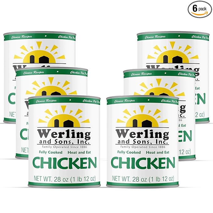 Werling & Sons Canned Chicken 28 Oz– Fully Cooked, Ready to Eat | Premium Quality, Recipe-Ready Canned Meat | 5-Year Shelf Life | Pantry Staple for Camping, Survival & Emergency Use | Made in USA | Pack of 6