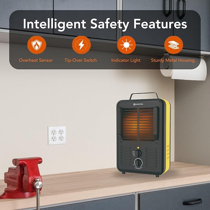 Comfort Zone 1500W Milkhouse Style Electric Utility Heater – Portable Workshop & Garage Space Heater with Adjustable Thermostat, 2 Heat Settings & Fan – All-Metal Heavy-Duty Design – Yellow/Black