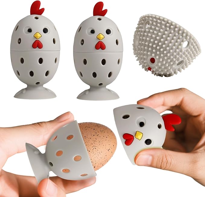 4PCS Silicone Egg Cleaner Brush Set, Egg Wash Brush Scrubber for Fresh Eggs Fruits Vegetables, Reusable Non-Scratch Multifunctional Rotating Egg Washer Tool (Grey)
