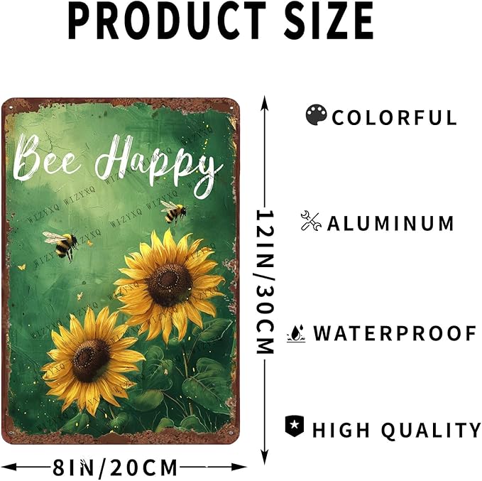 Metal Signs Bee Happy Sunflowers Vintage Retro Aluminum Metal Tin Sign for Home Office Kitchen Bar Cafe Garden Wall Decor 12x8 Inch