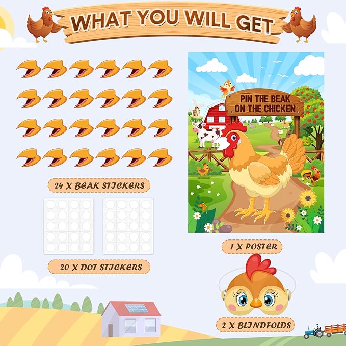 Faccito Farm Animal Games Pin The Beak on The Chicken Barnyard Birthday Party Decorations Farm Poster Games with 24 Stickers Eye Mask for Kids Family School Activities Birthday Party Decor Supplies