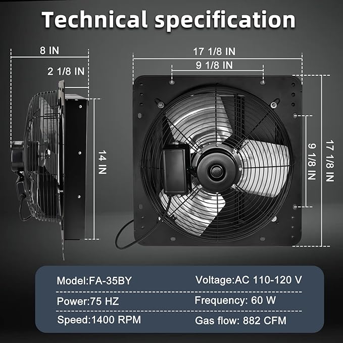 Criditpid 14 Inch Shutter Exhaust Fan with Speed Controller Switch, 1088 CFM High Speed Vent Fans, 1700 RPM Wall Mounted Kitchen Exhaust Fan, Vent Fan for Attic, Gable, Shed, Garage Ventilation, Black