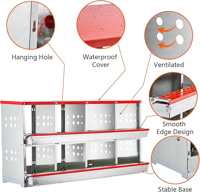 Nesting Boxes for Laying Eggs, 8 Compartment Roll Out Away Nesting Boxes for Hens, Nesting Gift Metal Boxes for Chickens Duck Poultry, Heavy Duty Chicken Coop with Perch