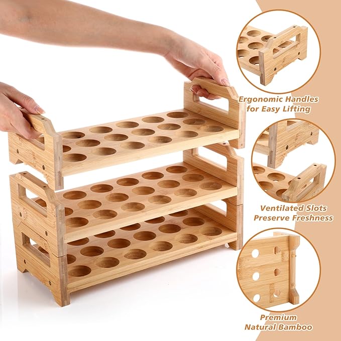 4 Tier Wooden Egg Holder for Countertop, Bamboo Stackable Fresh Eggs Storage Farmhouse Collecting Rack for Gathering Kitchen Organizer or Easter Egg Display, Stackable with 72 Eggs(Wood)