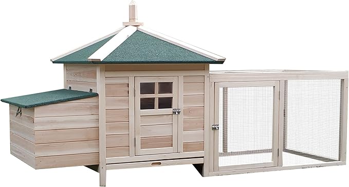 PawHut 77" Wooden Chicken Coop with Nesting Box, Cute Outdoor Hen House with Removable Tray, Ramp Run, for Garden Backyard, Natural