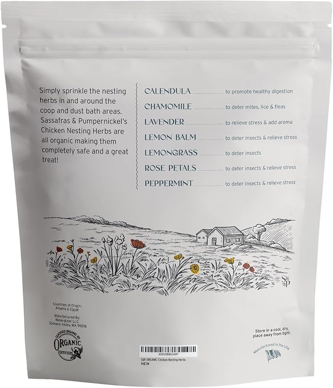 Sassafras & Pumpernickel's Certified USDA Organic Chicken Nesting Herbs (10 oz, Resealable Bag) Aromatic Herbs for Coops and Nest Boxes, nesting herbs for chicken coop, coop refresher for chickens