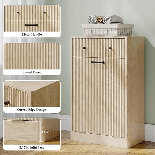Single 10 Gallon Wood Grain Tilt-Down Trash Can Cabinet with Storage Drawer,Wood Grooved Recycling Cabinet with Wave Texture Hidden Pull-Out Trash Can for Kitchen,Bathroom (Trash Can Cabinet-Wood)
