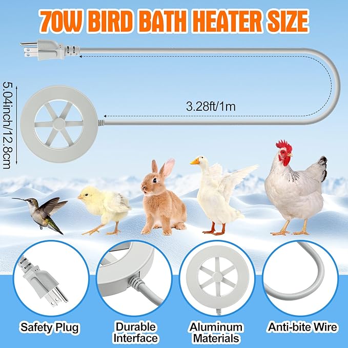 3 Pcs Submersible Water Heater Bird Bath Heater Chicken Waterer De-icer Water Trough Outdoor for Farm Pond Winter Poultry Livestock Tank Horse Drink, Pipe Tape Cord Cover(White,70 W)