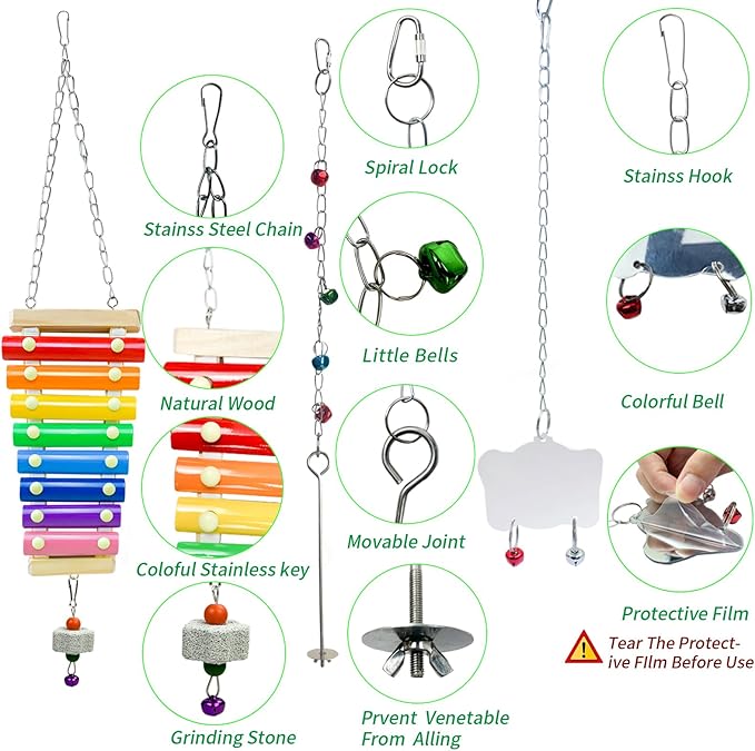 12PCS Longer Chain Chicken Toys for Coop Accessories,Xylophone Swing Flexible Ladder String Bag Vegetable Fruits Skewer Mirror Grinding Stone Pecking for Hens Bird Parrot