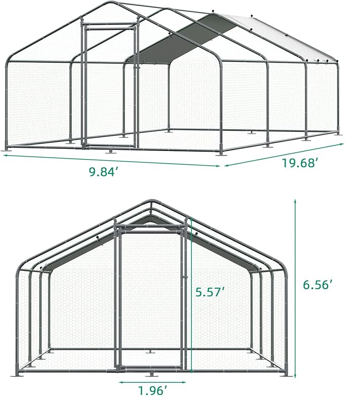 VIVIJASON Outdoor Metal Chicken Coop Large Walk-in Poultry Cage Hen Run House Rabbits Habitat Cages Spire Shaped Coop with Waterproof and Anti-UV Cover for Yard Farm (19.68' L x 9.84' W x 6.56' H)