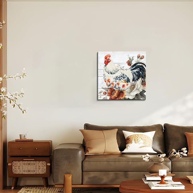 Framed Chicken Wall Art 16x16 Inch Rooster on Flower Stand Canvas Print Farmhouse Country Style Artwork for Kitchen Living Room Rustic Home Wall Decor (Rooster and flowers, 24L×24W)