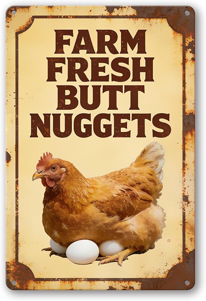 Funny Chicken Metal Sign Outdoor, Aluminum Farmhouse Wall Decor for Coop Door or Yard Area, Fluffy Humor Country Living Style, Rustic 8x12 Inch Gift