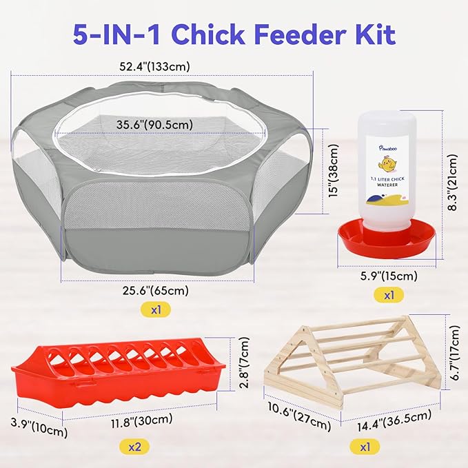 Pawaboo 5-in-1 Chicken Brooder Box for Chick Starter Kit, Includes Pet Cage Tent, Chicks Perch, Chicks Feeder, 1.1L Chick Waterer, Chicken Supplies (Brooder Set), Gray