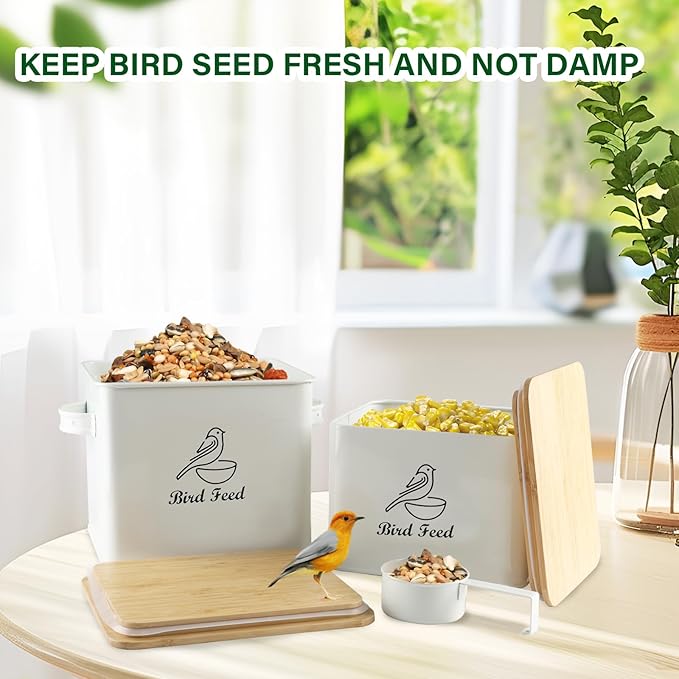 Airtight Bird Seed Storage Container Set of 2, 10LB Metal Bird Food Container with Bamboo Lids,Wild Bird Seed Tin for Storing Sunflower Seed-Squirrel proof -White