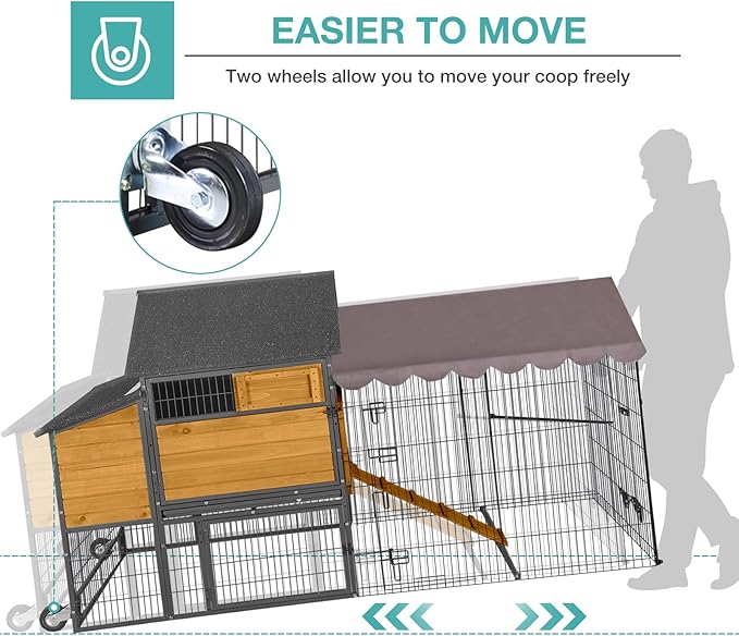 Mobile Chicken Coop,Large All-Steel Frame Hen House for 6-8 Chickens Poultry Cage with Nesting Box Metal Run,Waterproof Rain Cover Duck Coop