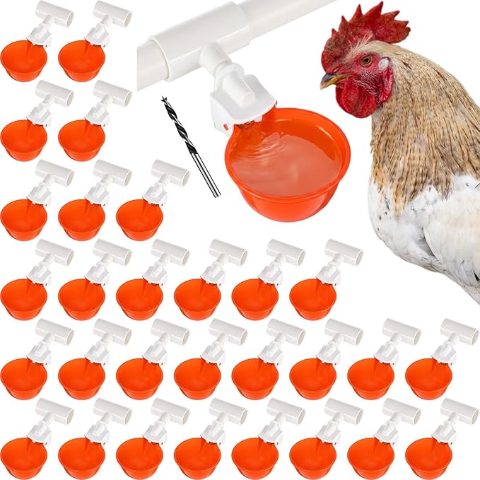 LemonRoad 30 Set Automatic Chicken Waterer Cups with 1/2" PVC Tee Fitting Chicken Drinking Bowl, Poultry Drinker Mounting Hole Opener,Water Dispenser Feeder for Duck, Goose, Turkey, Pigeon(Orange)