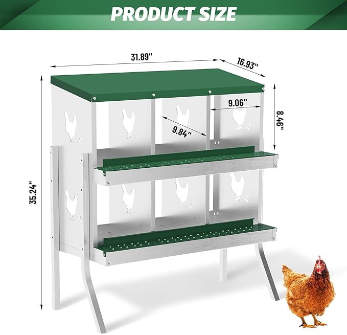 Chicken Nesting Boxes, 6-Compartment Metal Egg Laying Box with Swing Perch and Secure Lid – Versatile Wall Mount or Free Standing Suitable for Various Chicken Breeds - Green with Leg