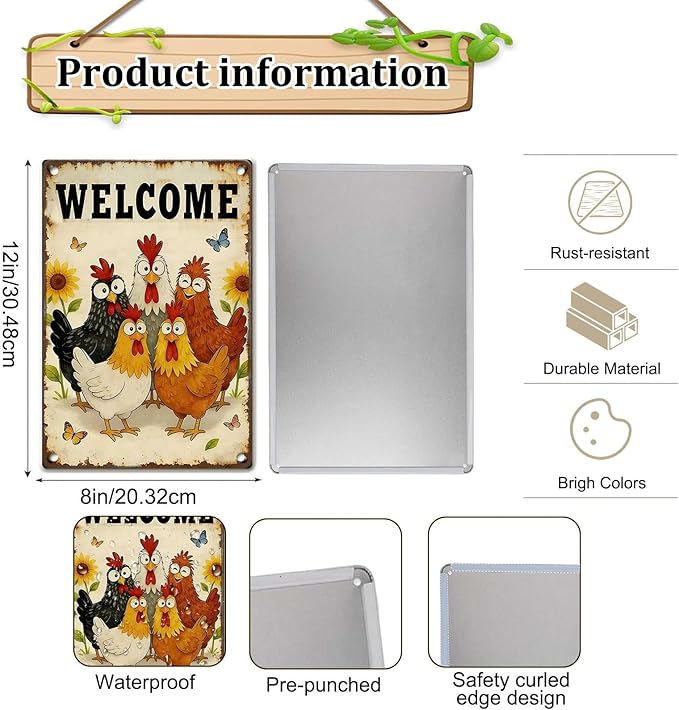 Funny Chicken Signs - Vintage Chicken Coop Sign Metal Welcome Tin Signs For Chicken Lovers Gifts Outdoor Home Farm Wall Art Decor 8x12 Inch