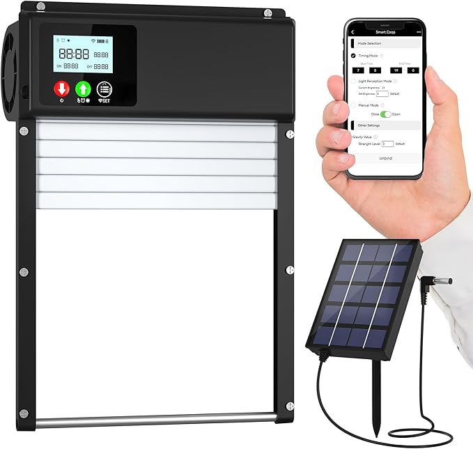 Automatic Chicken Coop Door with WiFi Remote Control, 2025 Upgraded 8000mAh Solar Powered Automatic Chicken Coop Opener with LCD Display & Timer & Light Sensor, with Anti-Pinch Design