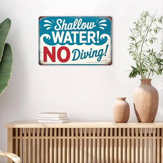 Shallow Water No Diving Tin Sign Vintage Swimming Pool Rules Metal Sign Print Aesthetic for Garden Yard Bar Porch Home Bedroom Kitchen Wall Decor Gift 8 X 12 in