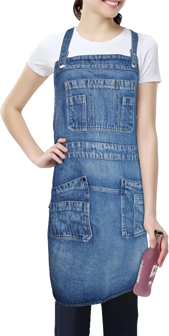Denim Apron with Multi Pockets for Kitchen, Cooking, BBQ & Gardening