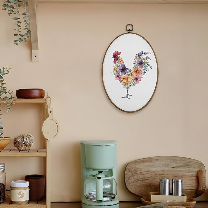 LKETW Floral Chicken Oval Wall Art Decor, Rustic Cottagecore Flower Chicken Oval Canvas Hanging Decor, Farmhouse Farm Animal Wall Decorations for Kitchen Home Bedroom Living Room, 8.6x11.4 Inch