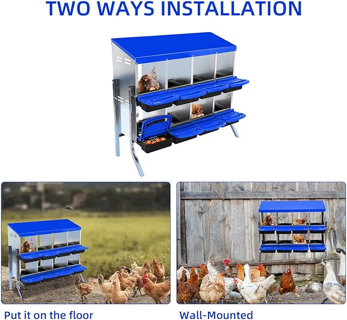 GarveeHome 2-Tier Chicken Nesting Box, 8 Compartment Metal Chicken Laying Boxes with Waterproof Roof ＆ Removable Trays for Hens, Poultry，Easy Egg Collection