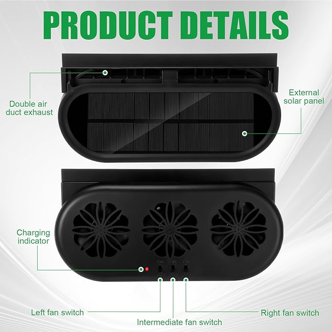 2 Pack Solar Powered Car Exhaust Fan 3 Fans Car Window Air Vent Radiator Solar Energy Cooling Vent Exhaust for General Types(Solar & USB Cable 3 Fans,Black)