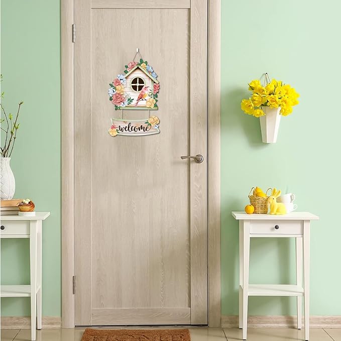 CHDITB Welcome Spring Wooden Sign, Floral Birdcages Wooden Hanging Plaque, Pink Birds Flowers Front Door Hanger, Spring Sign Rose Welcome Wall Art for Farmhouse Outdoor Spring Wall Art Decor