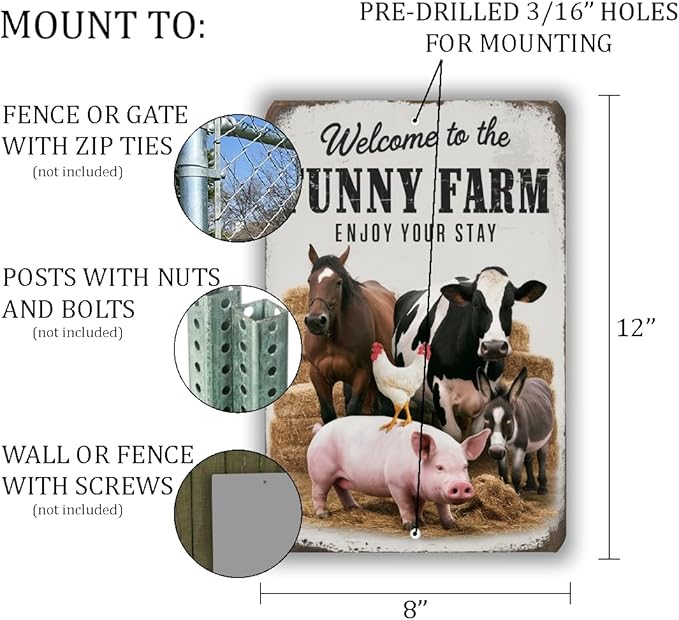 Funny Farm Welcome Sign – Rustic Animal Wall Decor With Horse, Cow, Chicken, Donkey & Pig – Vintage-Style Farmhouse Humor Art 8x12
