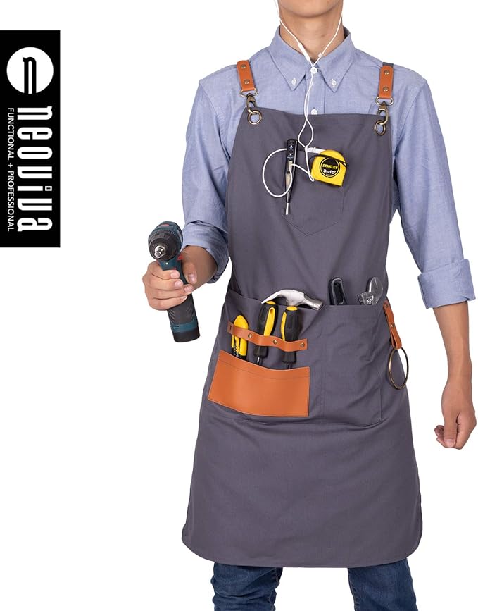 NEOVIVA Canvas Tool Apron for Men and Women with Pockets, Heavy Duty Cross Back Work Apron for Shop BBQ Woodworking