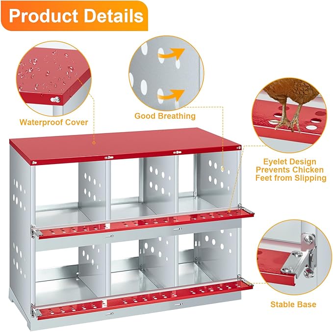 6-Compartment Chicken Nesting Box, Roll Away Metal Laying Box with Easy Egg Collection, Pull-Out Tray & Swing Perch, Wall Mount Hen Brooder Box for Chicken and Duck Coops, Without Cover, Red