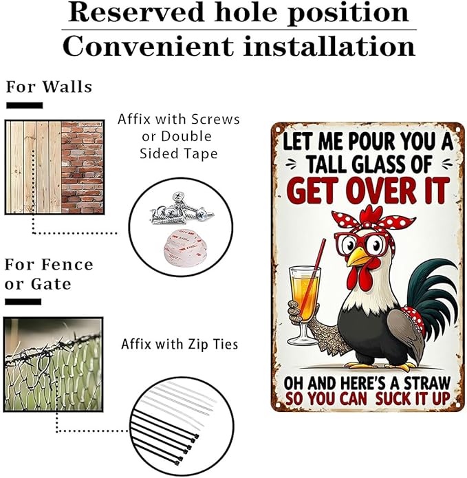 FunnySign Chicken Gifts Rooster Décor Let Me Pour You A Tall Glass Of Get Over It Rustic Tin Sign For Home Farm Chicken Coop Decor 8x12 Inch (9714)
