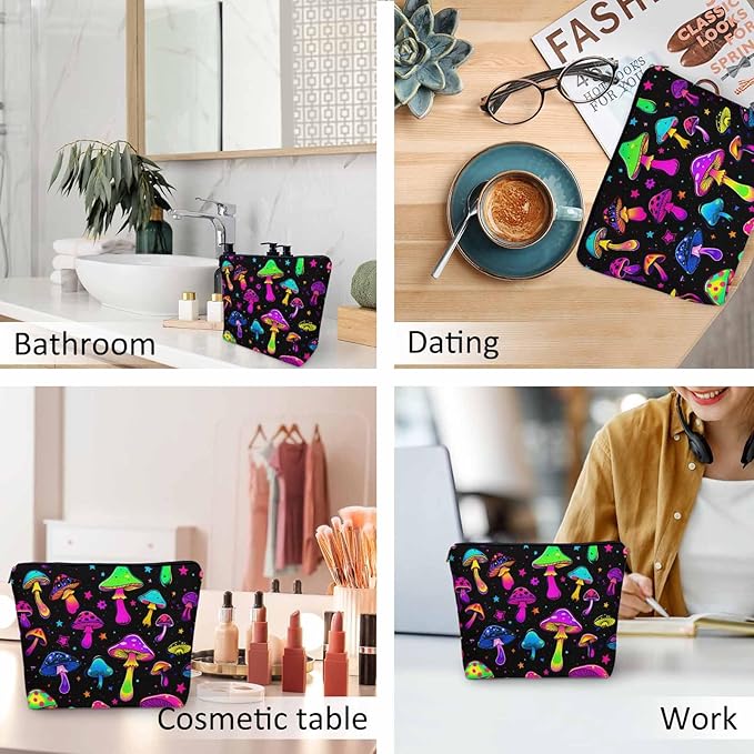 Mushroom Makeup Organizer Bag Cosmetic Bag For Men Women, Magic Galaxy Space Mushrooms Rainbow Travel Toiletry Bag Flax Makeup Bags Purse Business Makeup Pouch For Toiletries Cosmetics