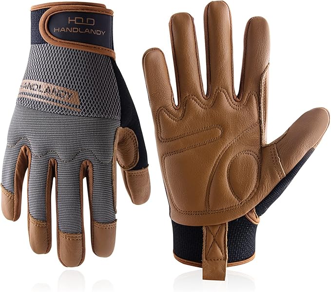 HANDLANDY Leather Work Gloves Mens & Women, Utility Safety Mechanic Working Gloves Touch Screen, Flexible Breathable Yard Work Gloves (Large, Brown-Cowhide Palm)