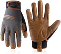 HANDLANDY Leather Work Gloves Mens & Women, Utility Safety Mechanic Working Gloves Touch Screen, Flexible Breathable Yard Work Gloves (Large, Brown-Cowhide Palm)