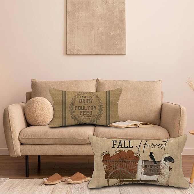 Thanksgiving Day Harvest Throw Pillow Covers 12x20 inch Vintage Farmhouse Sheep and Pumpkin Lumbar Pillow Decor Cushion Case for Home Couch Pillowcase