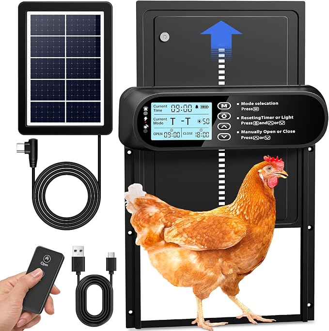 Solar Powered Automatic Chicken Coop Door, LCD Screen Electric Auto Chicken Coop Door with Timer & Light Sensor, Aluminum Rechargeable Automatic Chicken Door Opener with Remote Control & 4 Modes